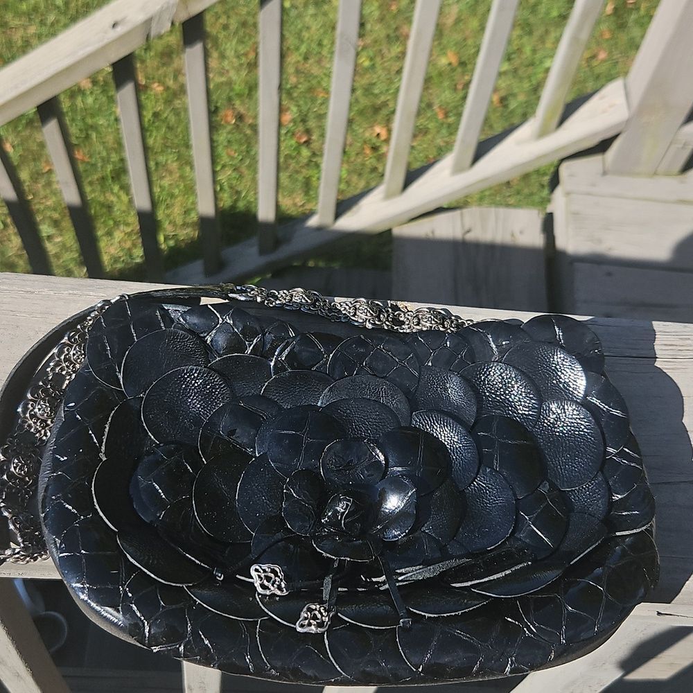 Brighton Black Leather Flower Appliqué Shoulder Bag